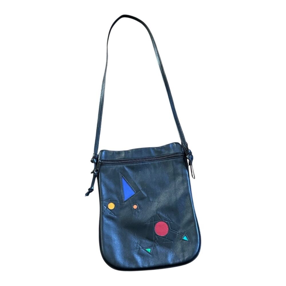 Ilze Heider Artsy Leather Design Crossbody Purse Black Colorful Shapes Eclectic